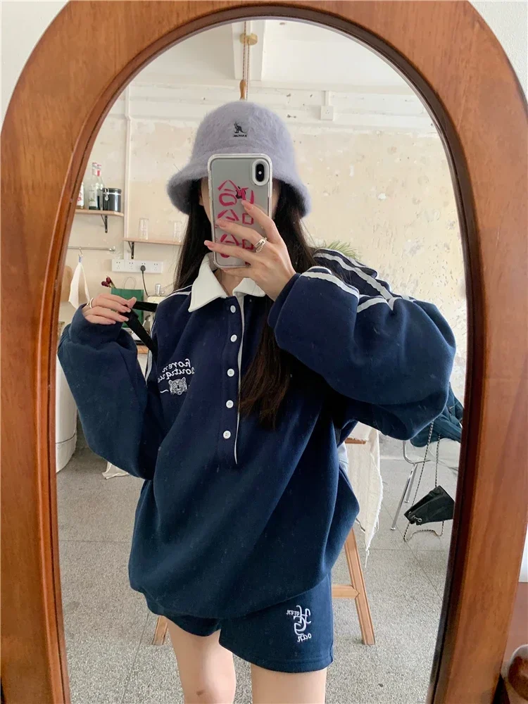 ADAgirl Striped Patchwork Hoodies Women Navy Turndown Collar Oversized Sweatshirt Sporty Chic Autumn Korean Uniform Clothes Chic