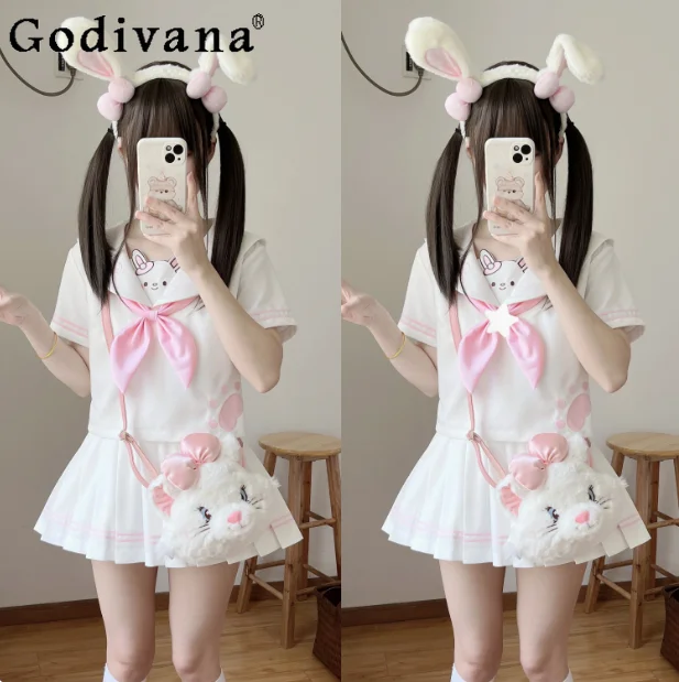 

Original Japanese Kawaii Girls Skirt Set 2025 Summer New Y2k Daughter's JK Sailor Uniform Embroidered Navy Collar Top Skirt Set