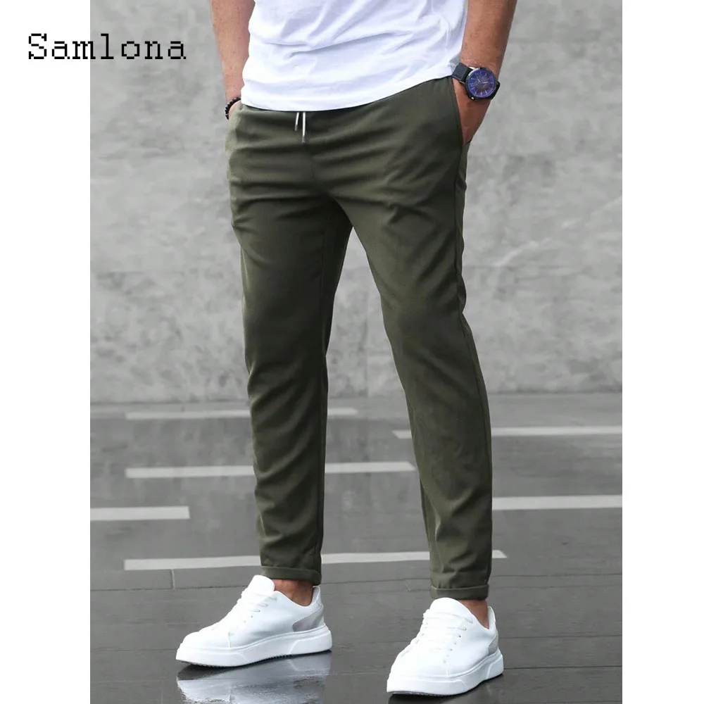 

2025 European Style Fashion Drawstring Pants Men's Stand Pocket Solid Ankle-Length Trouser Mens Casual Skinny Pencil Pants New