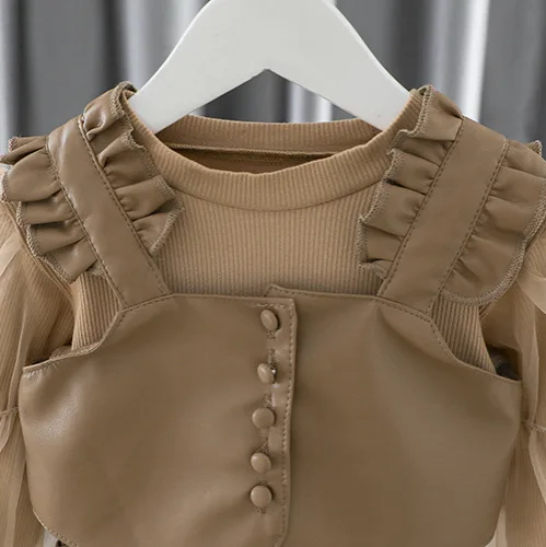 2024 New Girl Leather Jacket Short Skirt Bottoming Shirt Three-piece Set for Little Ones Spring and Autumn Korean Fashion Suit