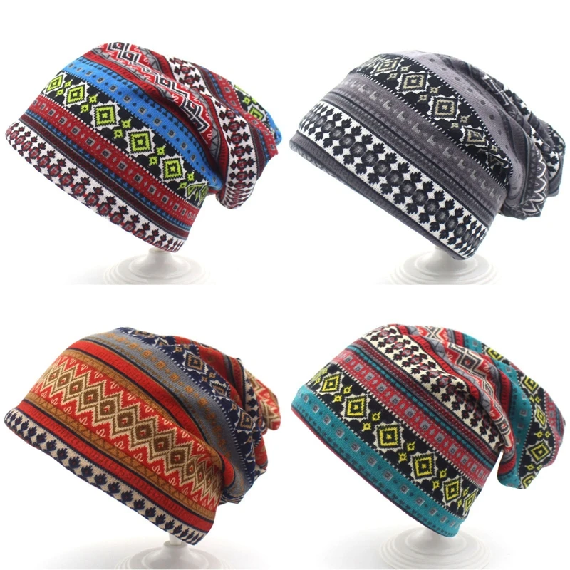 Ethnic Style Slouchy Beanies Hat Fashion Colorblock Hair Cover Skullies Caps Women Men Holiday Casual Scarf Hats Autumn Winter