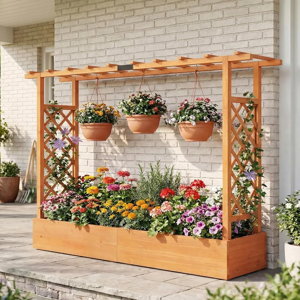

Wooden Raised Garden Bed with Trellis & Hanging Roof, Fir Wood Planter Box, 45” Freestanding Elevated Garden Bed, Customized