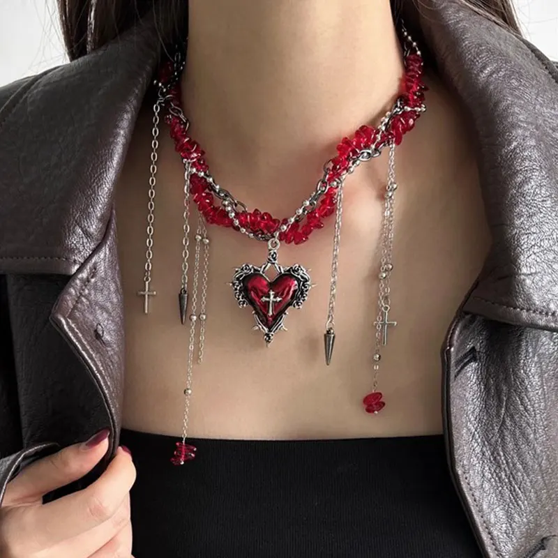 فاسق الشارع الشهير القوطية Y2K أحمر أسود مطرز سلسلة معدنية برشام القلب الصليب قلادة قلادة للنساء الرجال زوجين مجوهرات 2026 #1