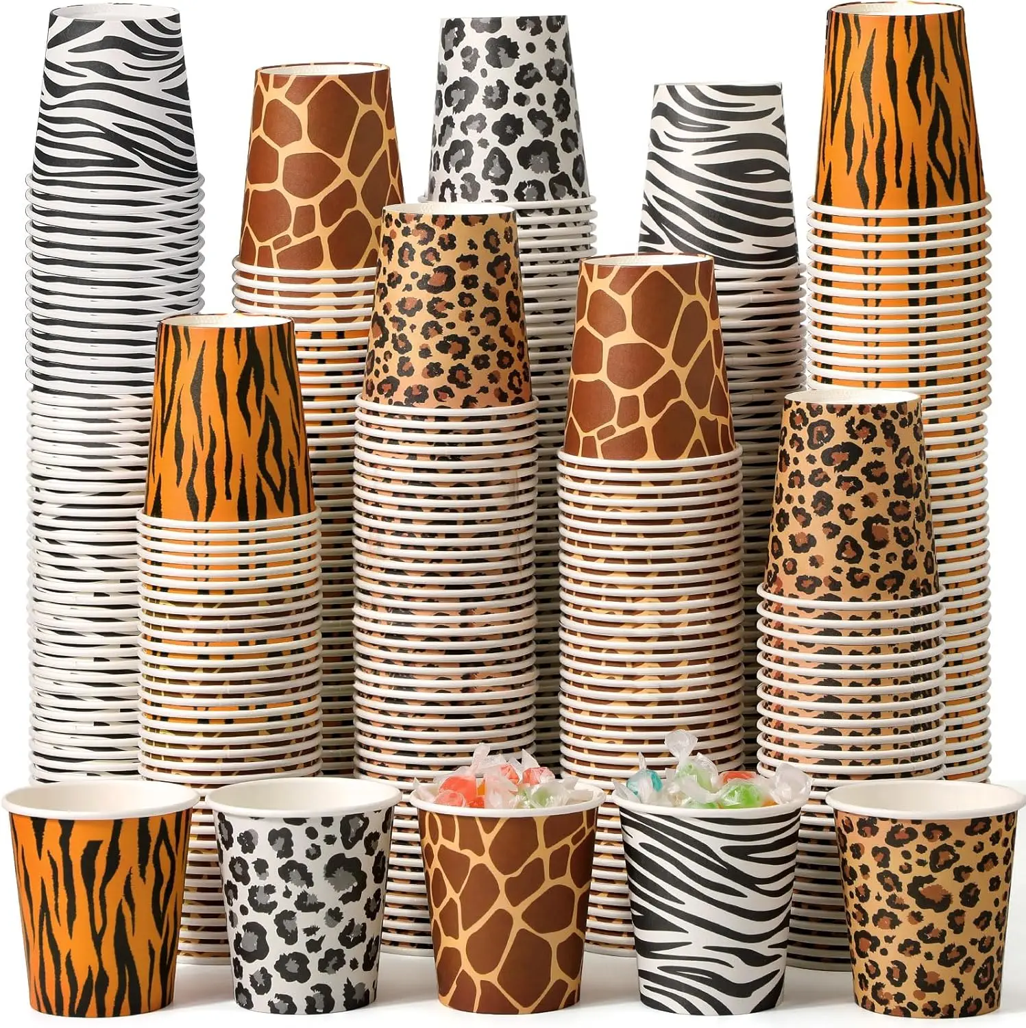 

300 Pcs Jungle Safari Animal Party Paper Cups Bulk Leopard Cheetah Tiger Zebra Giraffe Print Cups 8 oz Wild Animals Disp
