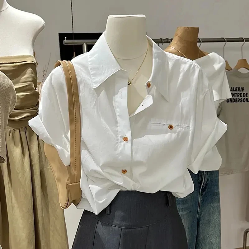 Office Lady White Blouse 2025 Women's Clothes Camisas De Mujer Simple Loose Thin Shirts Short Sleeve Vintage Summer Blouses Tops