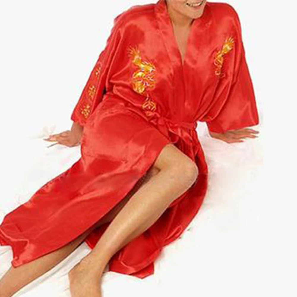 Men Fashion Satin Chinese Style Big Dragon Embroidery Nightgown Silk Kimono Sleepwear Pajamas Loose Casual Bathrobe Homewear