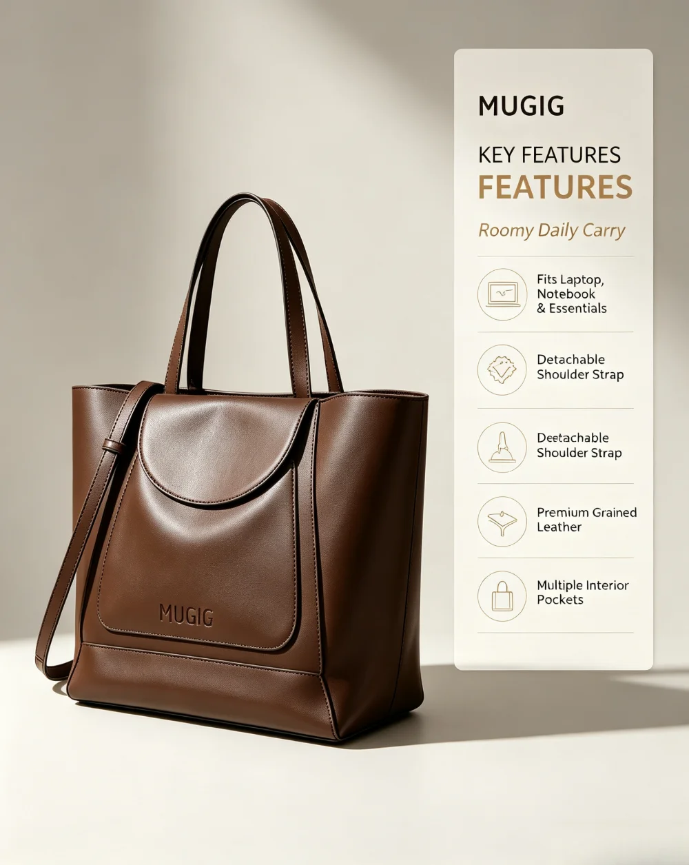 MUGIG Original Design Genuine Leather Tote Bag Large Capacity Commuter Shoulder Bag Vintage Brown Women Handbag Detachable Cross