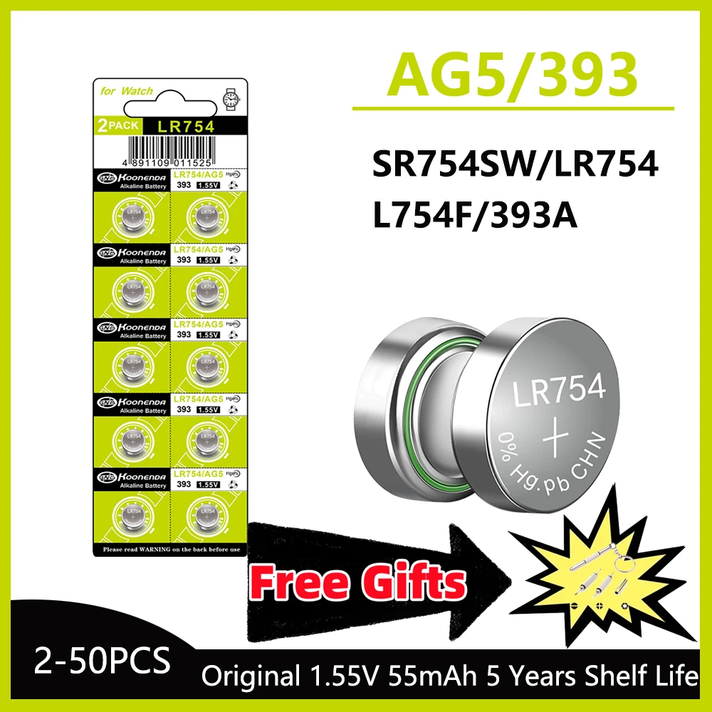 5-50 Uds. Batería alcalina LR754 AG5 de alta capacidad 1,5 V SR754 193 939A LR48 pilas de botón para reloj para Mini linterna de juguete