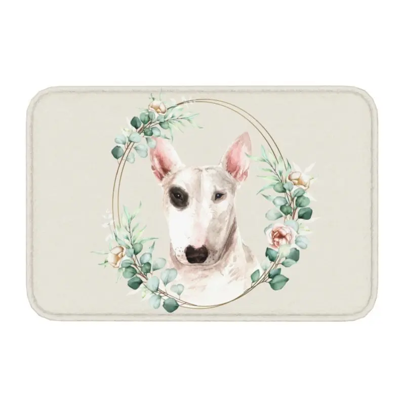 Custom Bull Terrier Dog In Floral Gold Wreath Doormat Non-Slip Entrance Bath Kitchen Door Floor Mats Pet Lover Room Carpet Rug