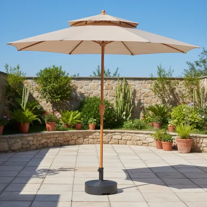 Double Top Modern Wrought Iron Patio Umbrella with Resin Base 9ft Water Resistant UV Resistant for Outdoor Garden Backyard