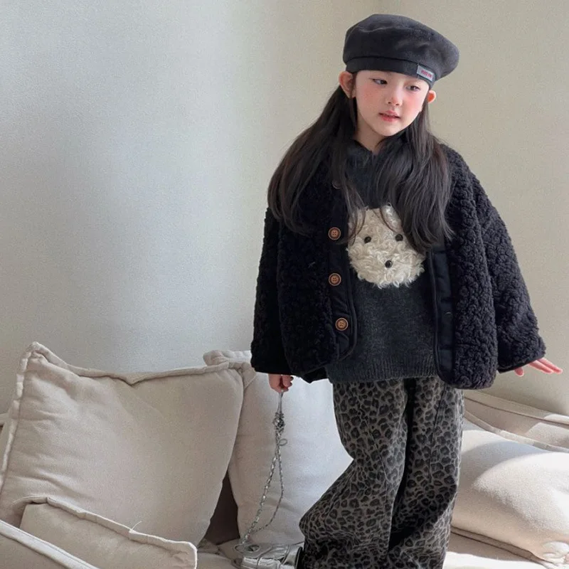 

Girls Fluffy Jacket Puppy Hooded Knitted Sweater 2025 Autumn and Winter New Leopard Print Pants Set