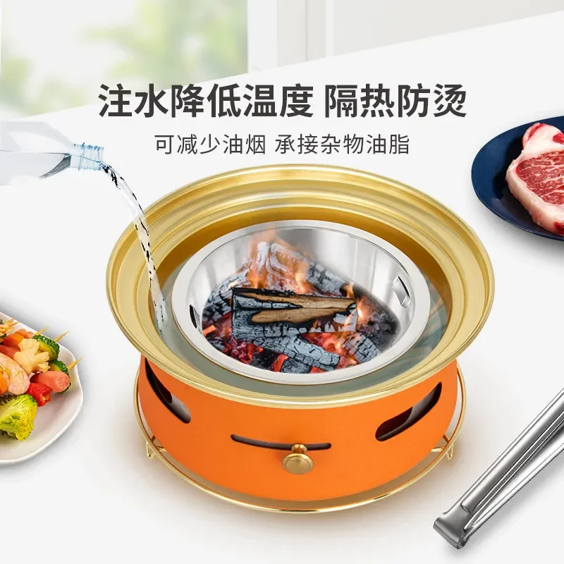 Round Charcoal BBQ Grill Portable Korean Style Barbecue Pot Commercial Carbon Fire Pit Outdoor Cooking Equipment for Picnic