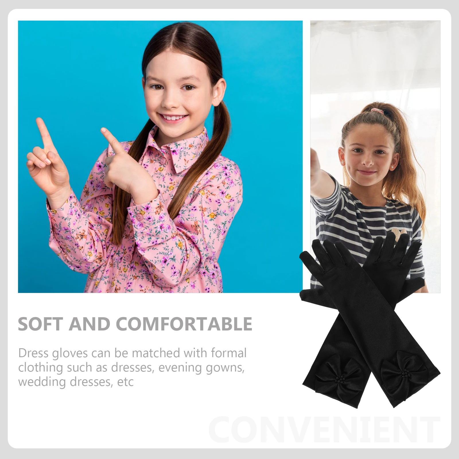 

Girls Dress Black Satin Costume Kids Toddler Warm Exclusive Dancing Gloves Flower Bow Match Dress Up Accessories Gloves