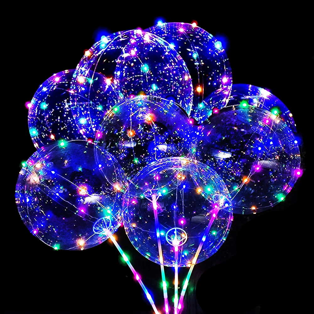 Ballons de fête lumineux LED colorés avec poignée de bâton, ballons Bobo transparents de 20 pouces pour décorations de fête d'anniversaire, 5/15 pièces