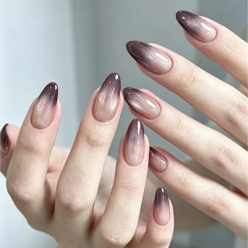 24Pcs Almond Cat's Eye Press on Fake Nails Purple Gradient Design Nail Full Cover Simple Detachable False Mid-length Nails Tips
