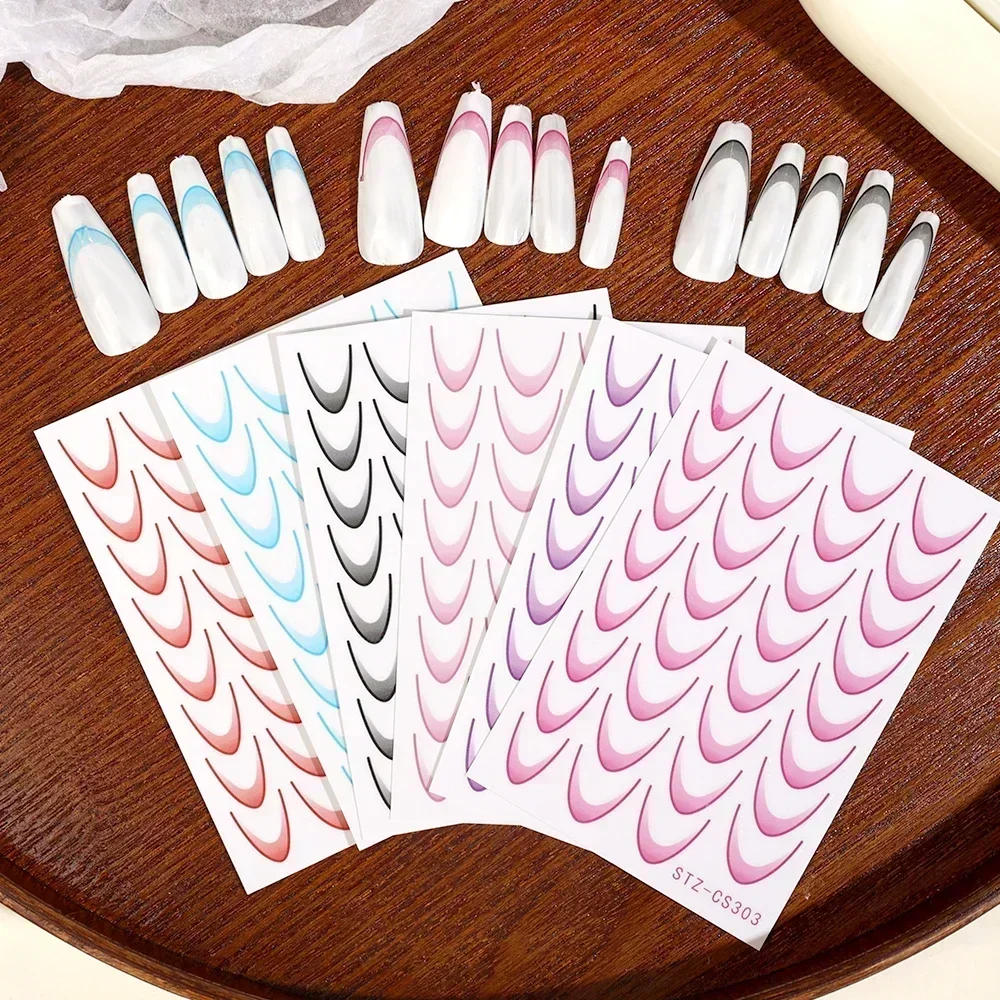 6pcs Gradient French Line Nail Art Stickers Self-Adhesive Decals Design Nail Tips Guides for DIY Decoration Stencil Manicure