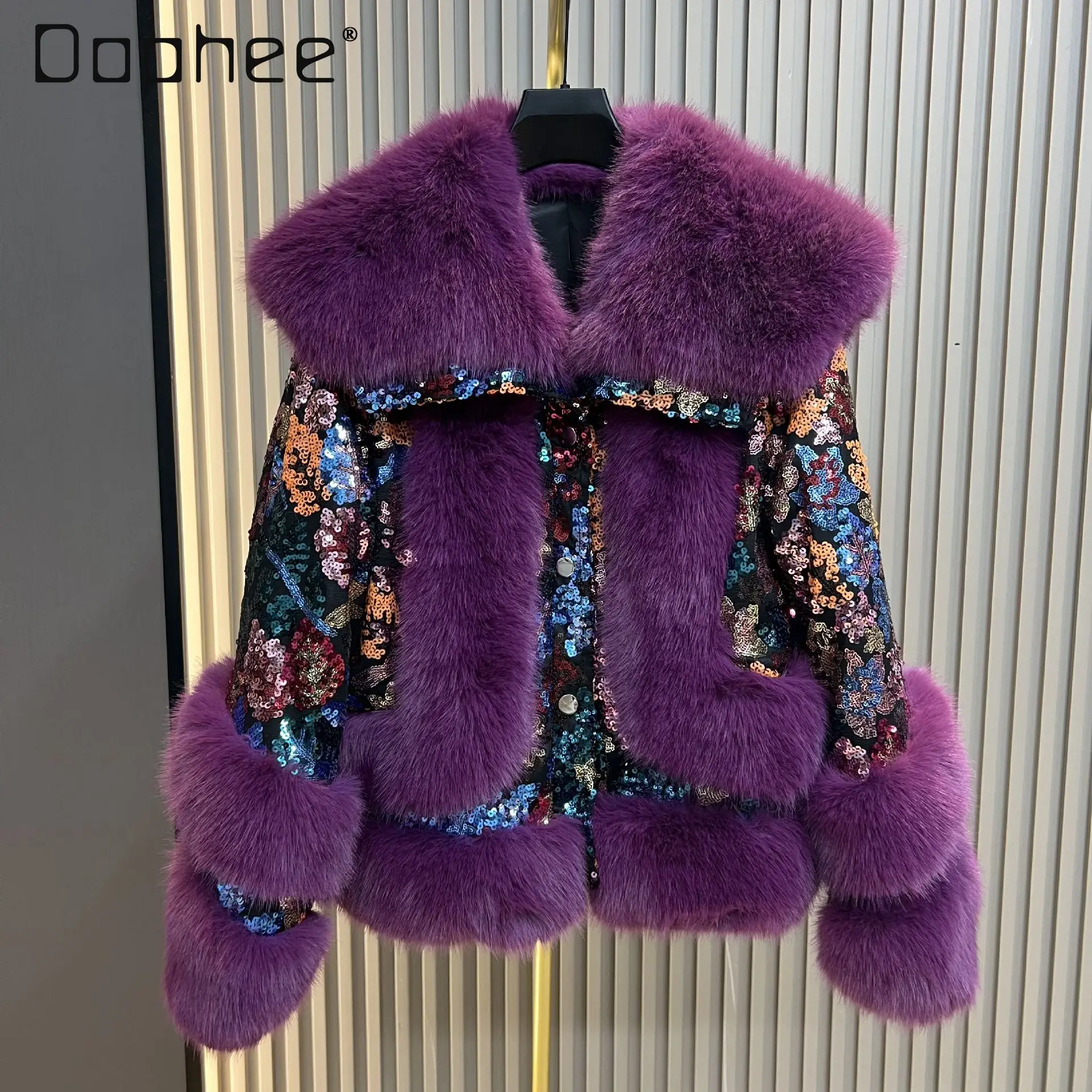 

Милое женское пальто из искусственного меха, новинка 2023 года, модное утепленное короткое зимнее пальто из искусственного меха с блестками, женская фиолетовая пушистая куртка