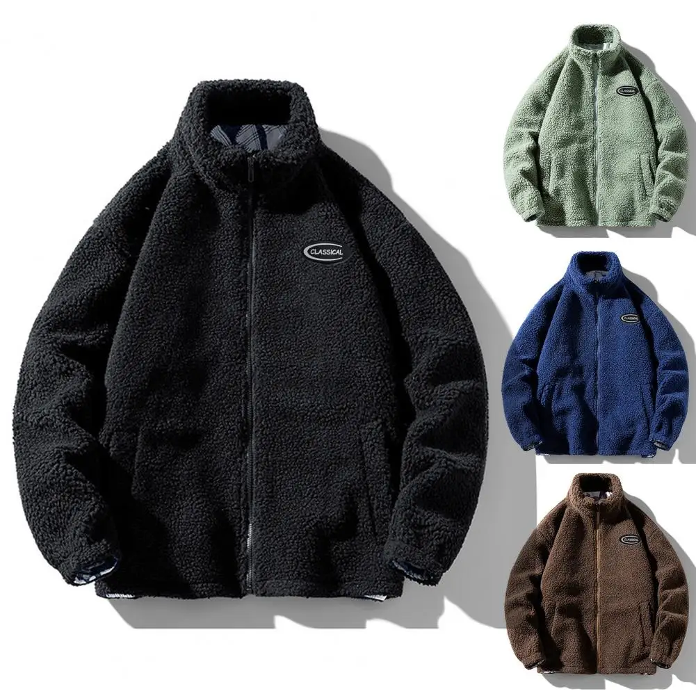 

2024 Lamb Fleece Coat Men's Winter Fashion Loose Shake Grain Casual Plush Thickened Jacket Cotton Coat Zipper Warm Coats