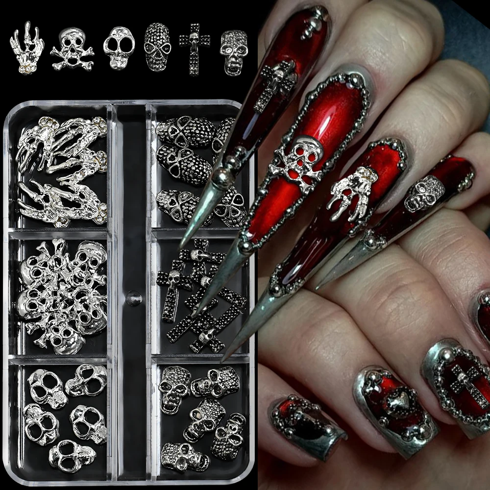

6Grids 3D Metal Silver Skeleton Cross Nail Charms Halloween Skull Head Horror Hand Bones Nail Alloy Jewelry Y2k Punk Nail Decora