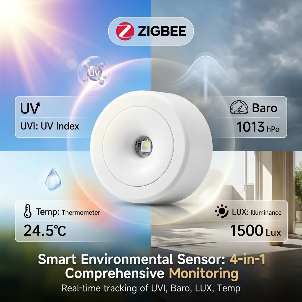 Zigbee Weather Multi Sensor 4-in-1 UV Light Illuminance LUX Barometer Temperature Detector Works with Home Assistant Zigbee2MQTT