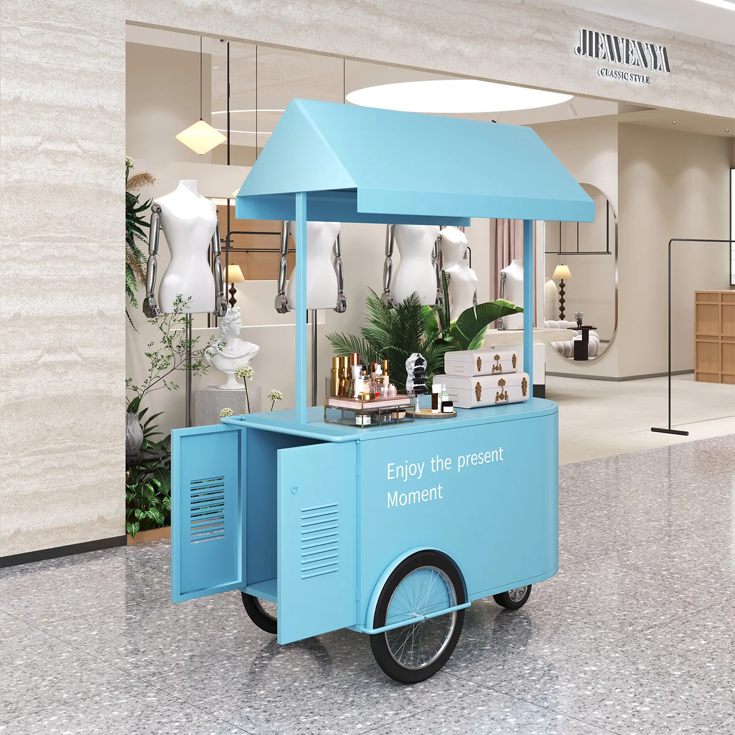 Outdoor wrought iron float multi-functional stall trolley shopping mall hotel event promotion car show mobile promotional vehicl