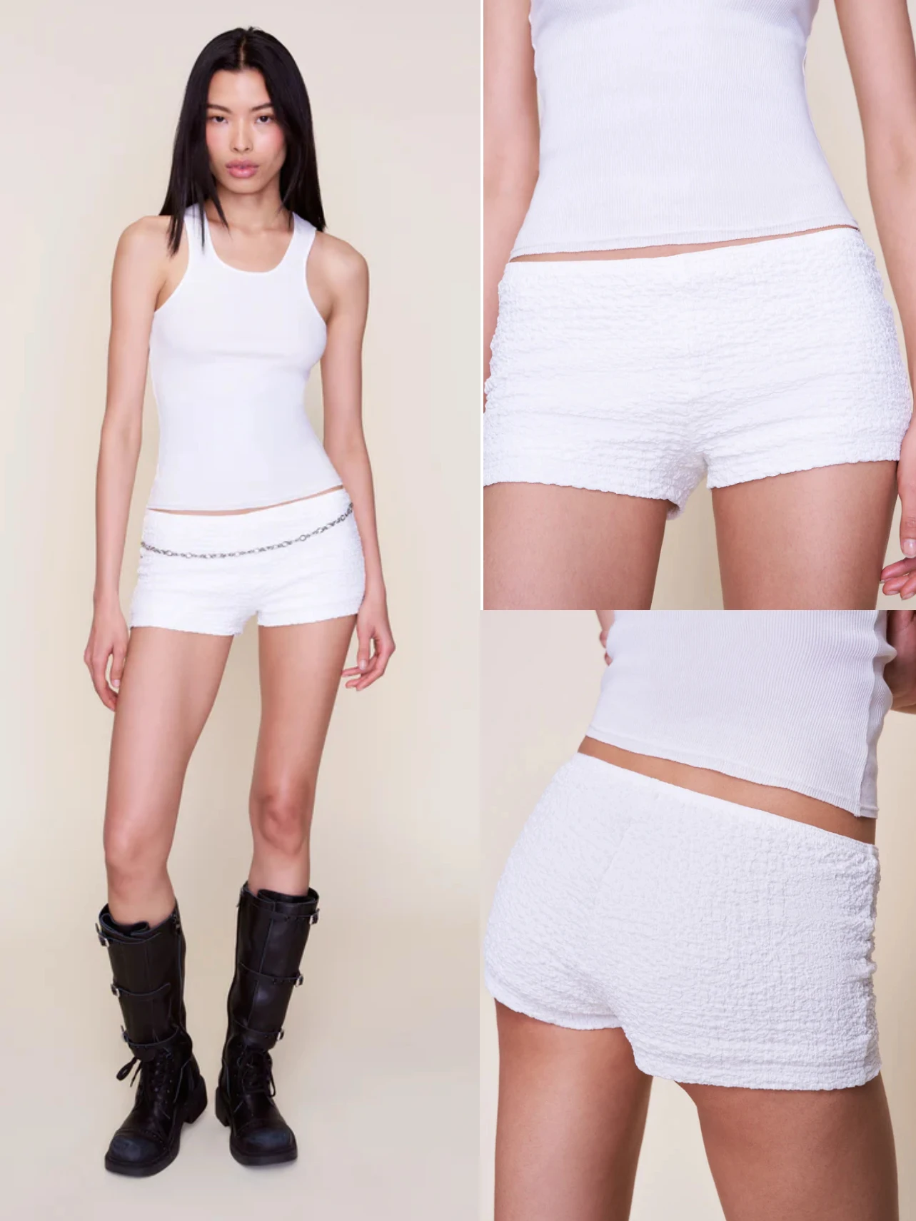 

Guiz White Casual Elastic Low-Waist Shorts, Textured Material, Soft and Comfortable Ultra-Short Pants, Double-Layer Fabric Design