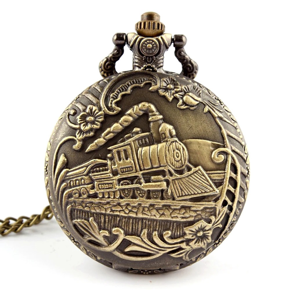 Retro Bronze Train Locomotive Steampunk Vintage Quartz Pocket Watch with Chain FOB Women Men Watches Clock Necklace Pendant Gift