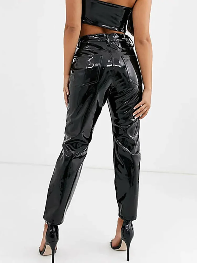 Women High Waist Faxu Latex Pencil Pants Shiny Patent Leather Buttom Zipper Bodycon Trousers Ladies Clubwear Street Pants Custom