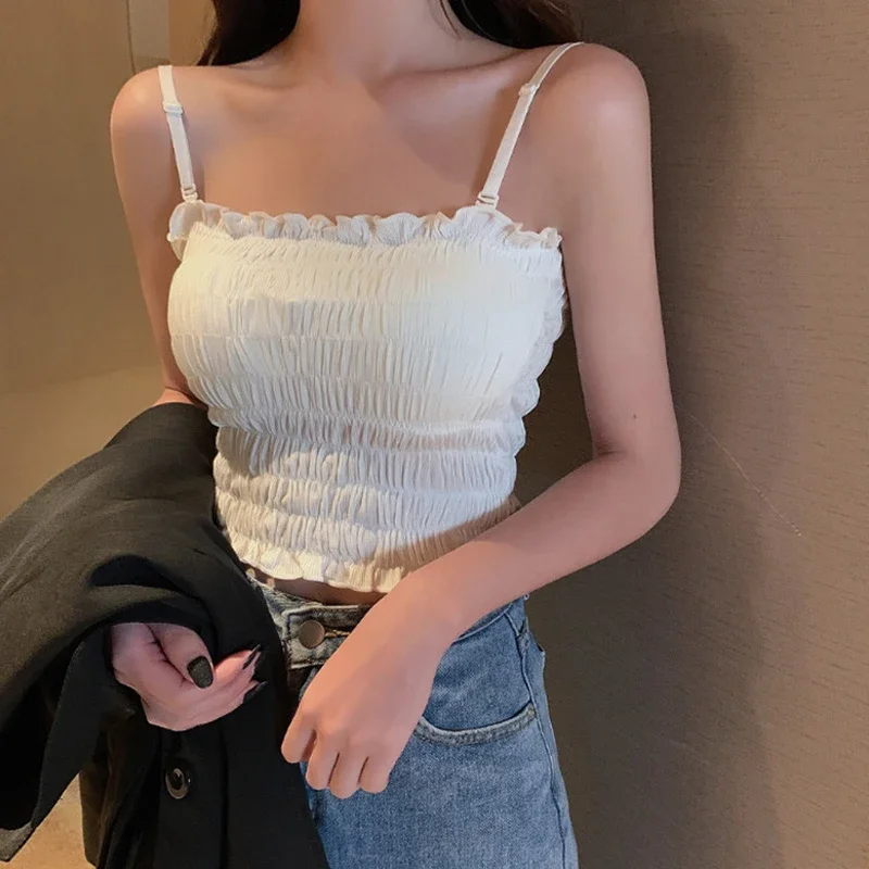 2024 Woman Tanks Camis Wrinkles Aesthetic Cute Corset Adjustable Strap Vest Crop Solid Color Tops Girls Clothes Camisole