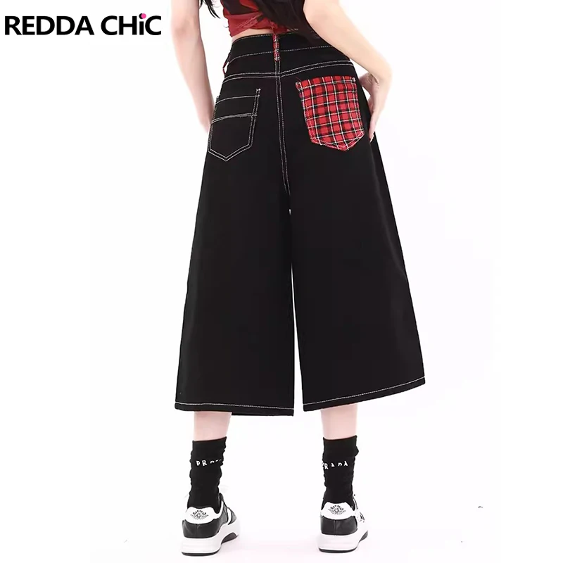 

Винтажные клетчатые женские мешковатые шорты ReddaChic в стиле пэчворк, черные потертые свободные укороченные джинсы, джинсовые шорты оверсайз с низкой посадкой, одежда в стиле хип-хоп