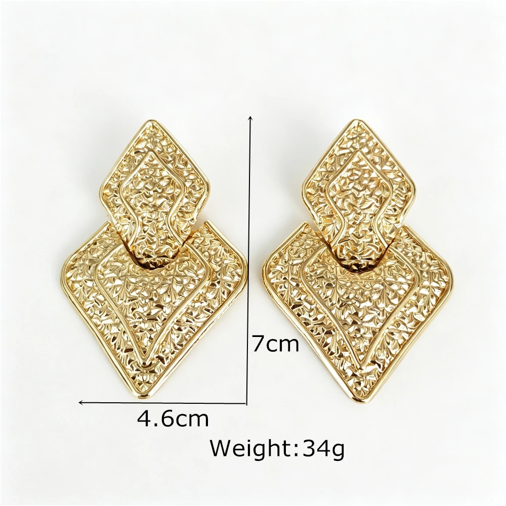 Indian Ethnic Vintage Golden Geometric Textured Double Rhombus Metal Earrings Women Boho Statement Drop Earrings Lady Jewelry