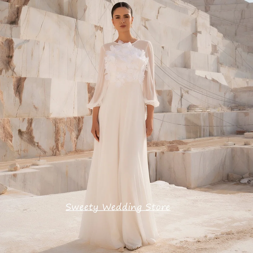 

New Wedding Dress Vestido De Noiva Customized Round Neck Puff Sleeves Feathers Floor Length Chiffon Beach Bridal Gown