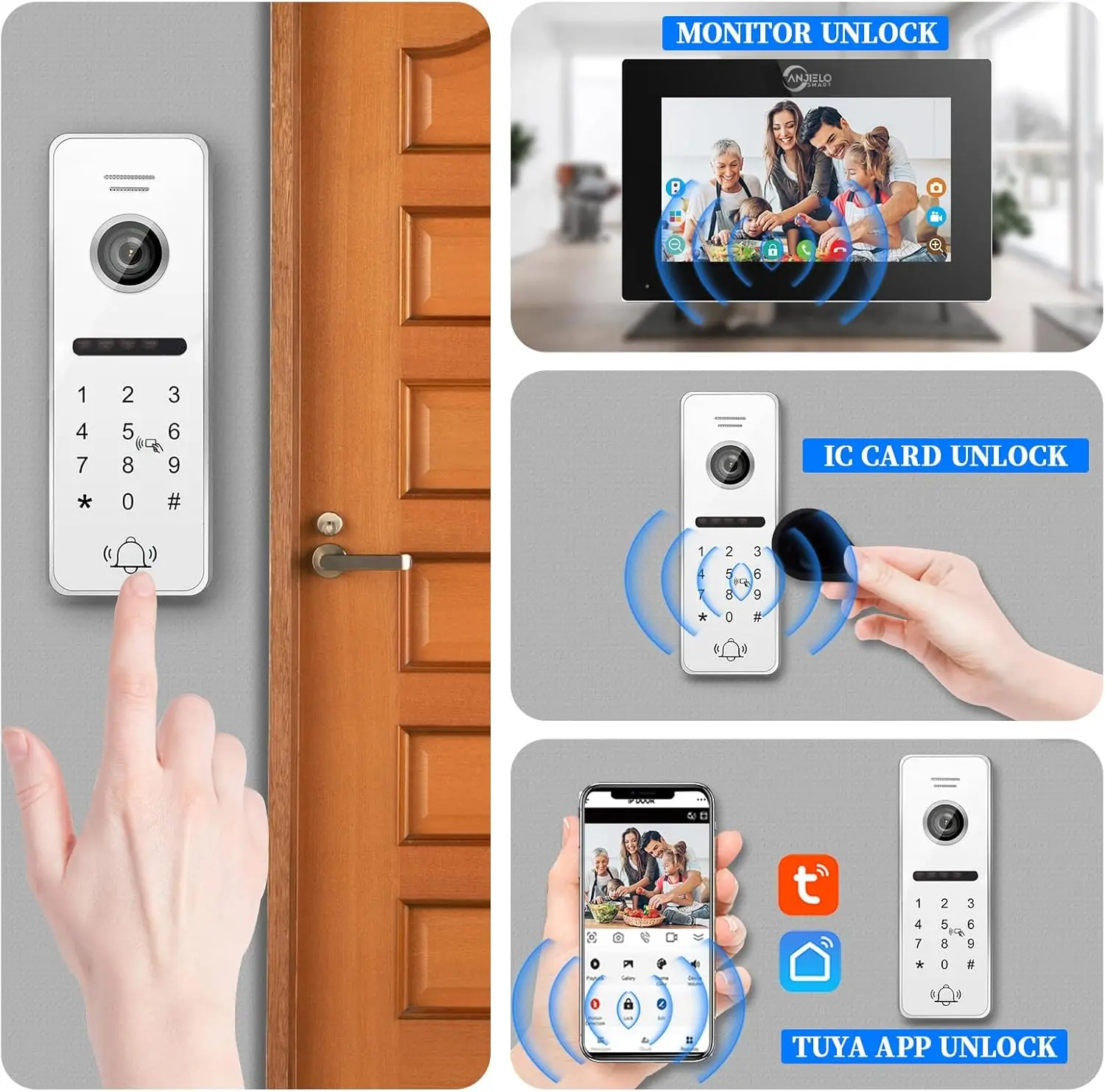 케이블이 포함된 비디오 초인종, 7인치 인터콤, 1080P 고화질 터치 스크린, 4-in-1 카메라, RFID 카드, WiFi