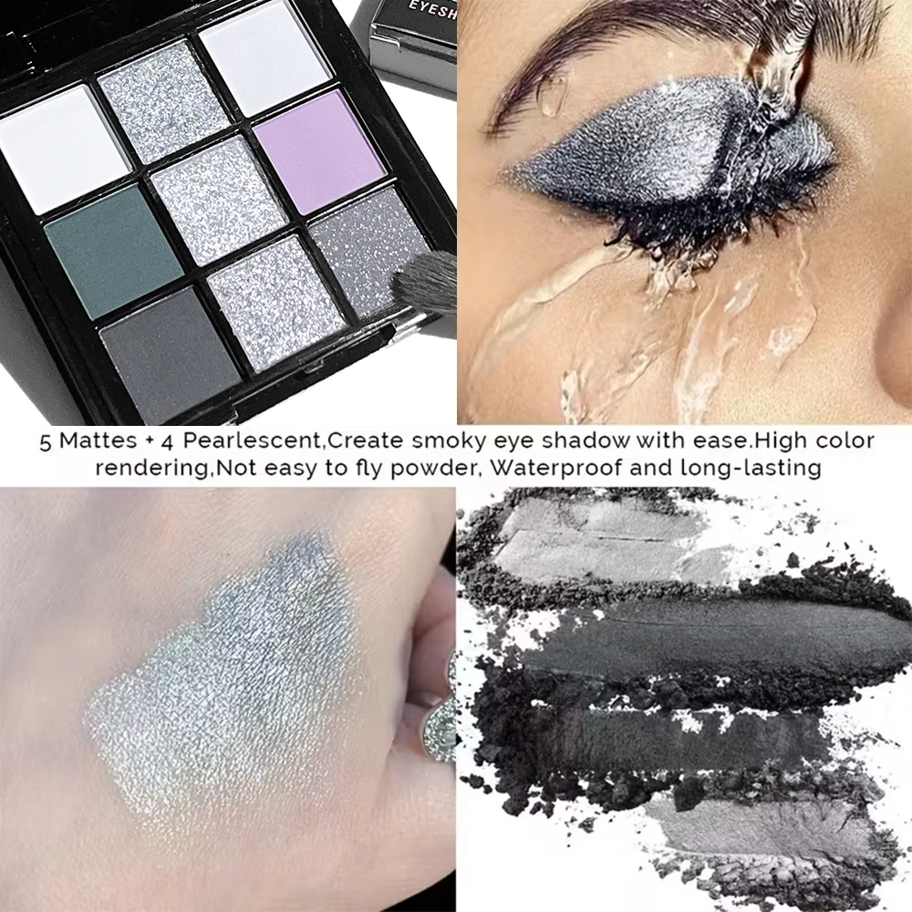 9-Color Dark Eyeshadow Palette Black Swan Smoky Matte Glitter, Waterproof Sweatproof, Long-Lasting Easy Blend, Unisex