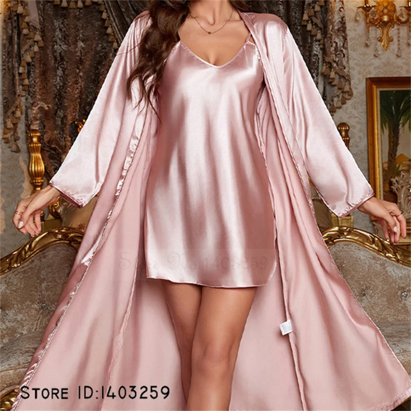 Two Piece Set Long Robe Nightgown Female Sleepwear Sexy Pink Satin Kimono Bathrobe Gown Lingerie Spring Summer Loose Home Dress