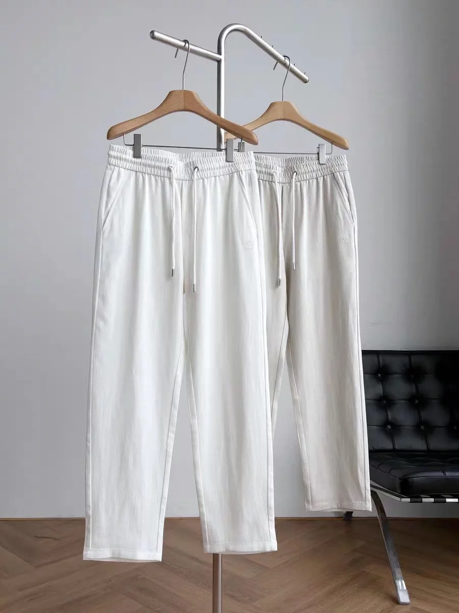 

Высококачественные мужские повседневные брюки из льна и шелка с эластичным поясом на завязках, прямые, в стиле середины века, с высокой талией, прямого кроя