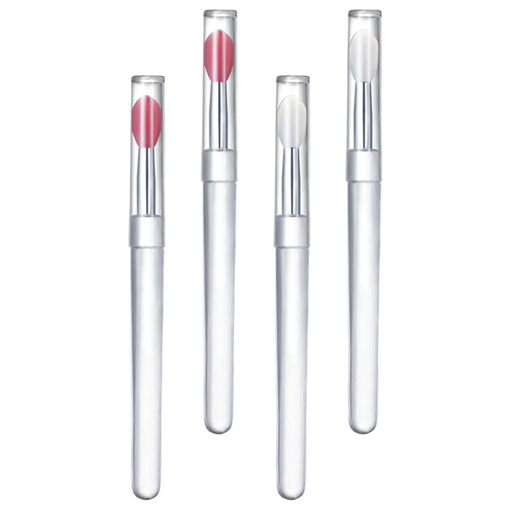 4 Pcs Mini Silicone Lip Brush with Lid Glitter Makeup Applicator Transparent Plastic Handle Mask Spoons