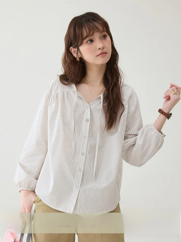 

AMUU Original Korean Sle Striped V-Ne Tie Waist Button up Lantern Sve Women's irt Spring New Loose Fit Breathable Co...