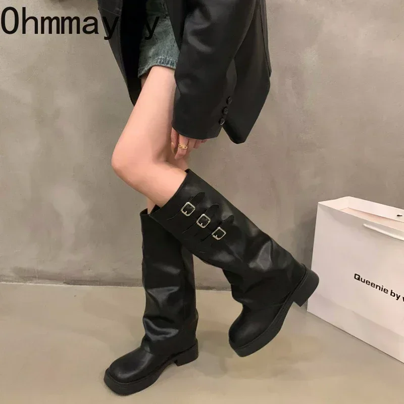 2024 Winter Cowboy Boots For Women Fashion Belt Buckle Long Boots Female Elegant Square Heel Women\'s Knight Bootties