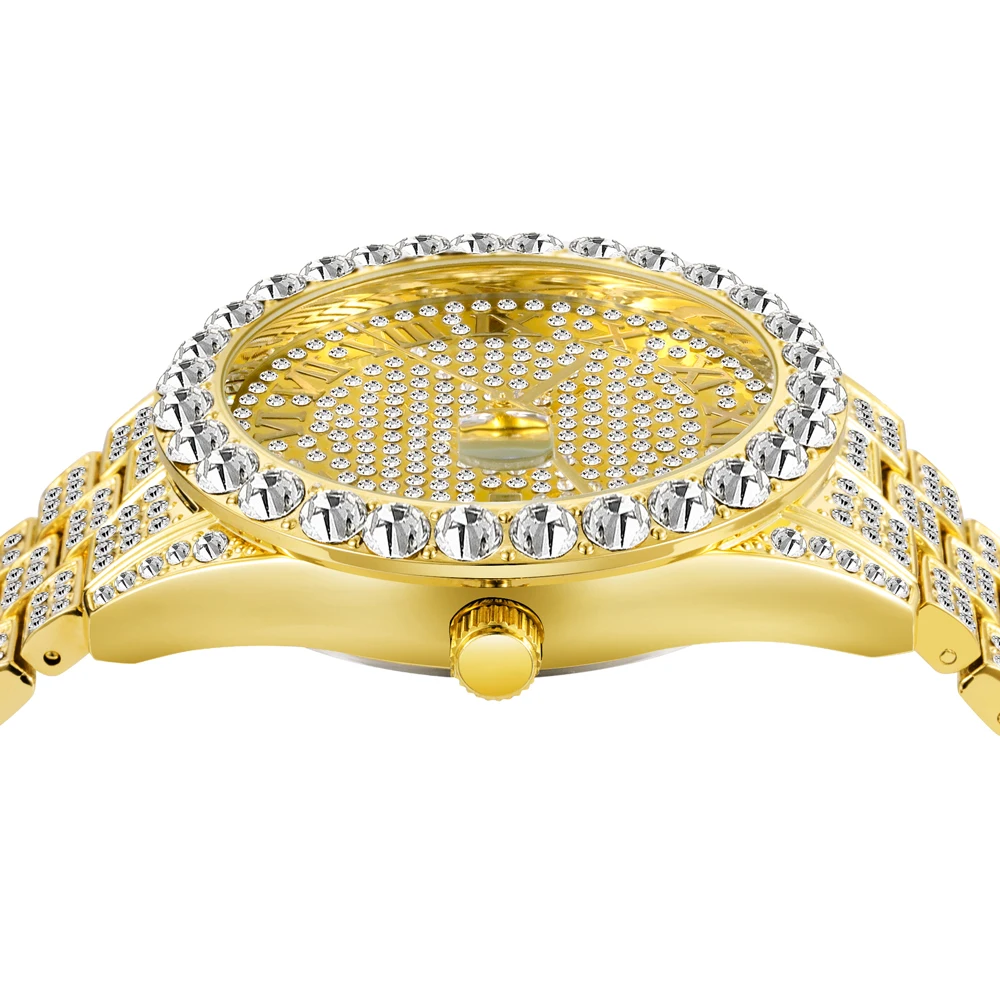 Luxury Men Watch Fashion Roman Numerals Full Diamond Quartz Wristwatch Hip Hop Bling Bling Iced Out Waterproof Clock Gift 2022
