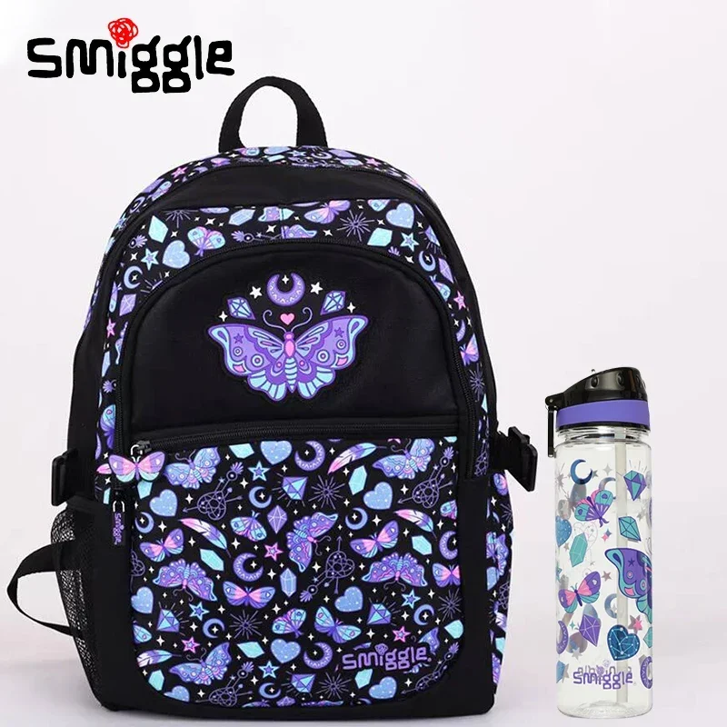 Genuine Australian Smiggle Black Background Colorful Butterfly Backpack Student Cartoon Leisure Backpack water bottle