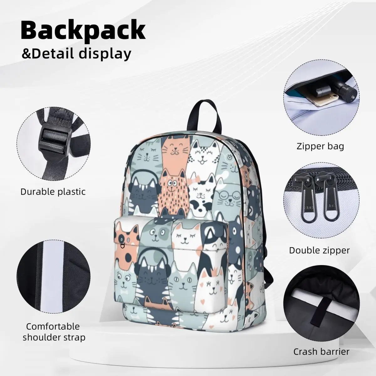 Fun Cat Pattern Backpack Pet Feline Doodle Student Unisex Polyester University Backpacks Aesthetic High School Bags Rucksack