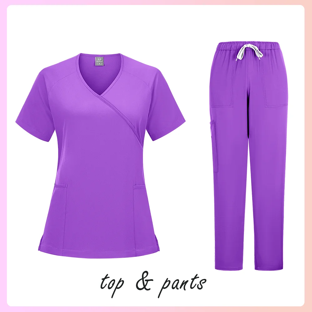 Nuovo Scrub Set Uniformi mediche Scrub elasticizzato Top con pantaloni tascabili Uniforme da infermiera Tuta da medico per chirurgia Abbigliamento da lavoro per salone di bellezza