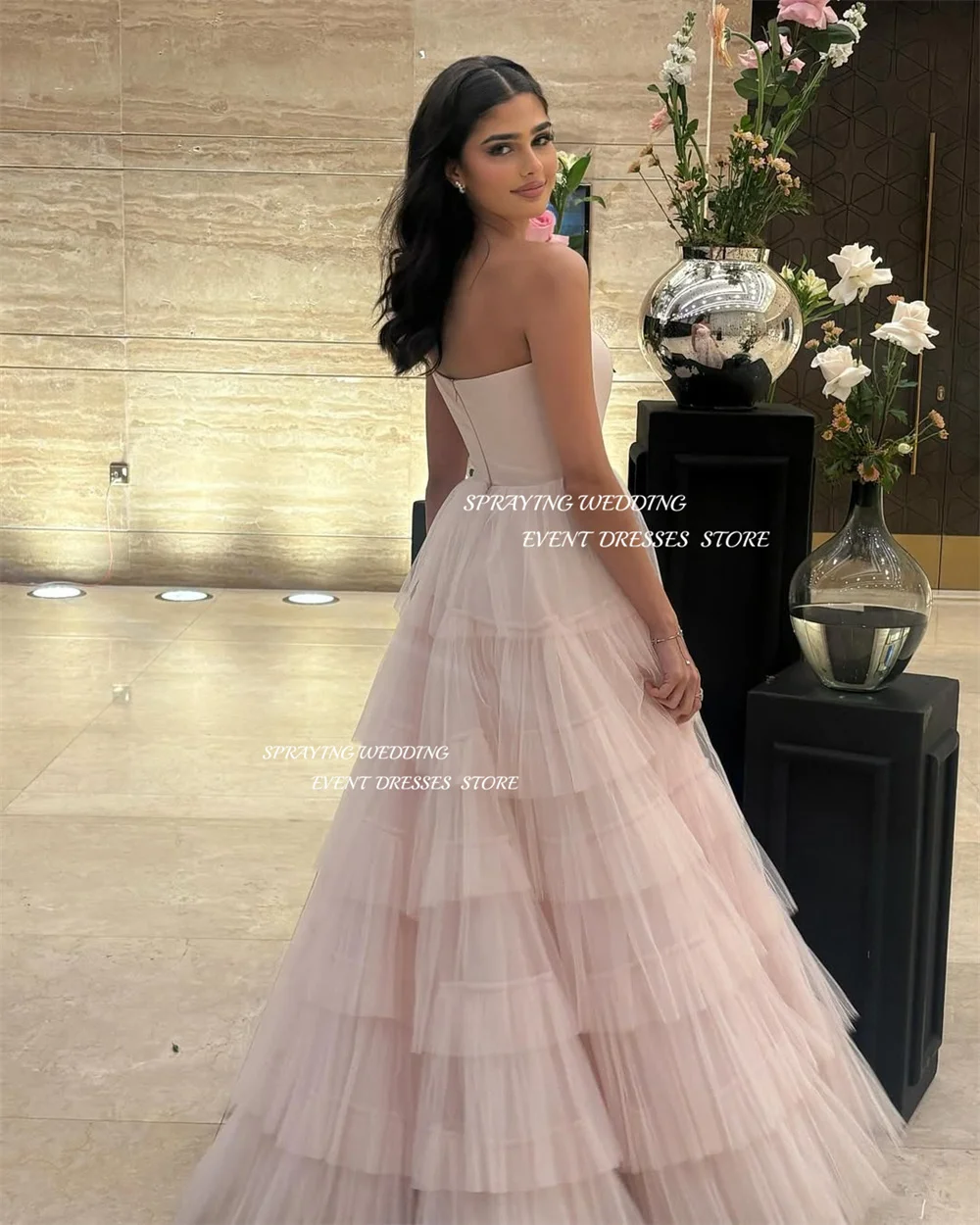 SPRAYING Elegant Sweetheart Evening Dress Pink Tulle Prom Gown Floor Length Tiered Party Dress Customized Arab Dubai فستان سهرة