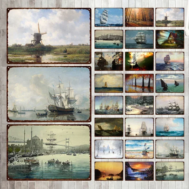 Sea Landscape Sailboat Posters Retro Tin Signs Wall Decor Art Iron Painting Vintage Metal Plate Man Cave Bar Club Decoration