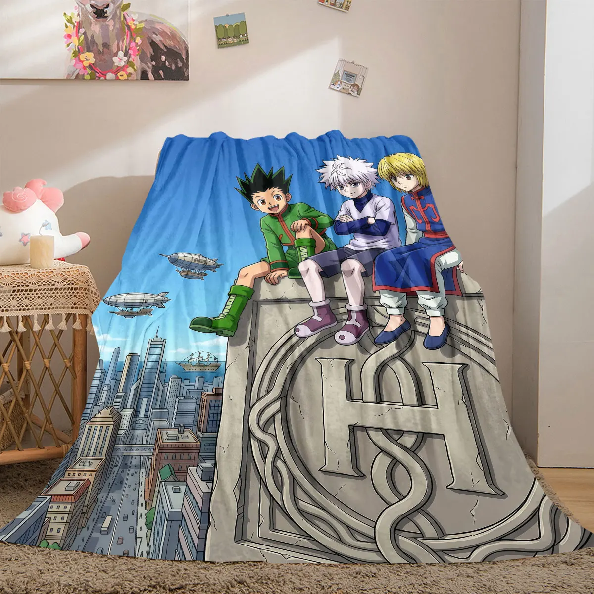 Hunter×Hunter Charming 2D Print Flannel Blanket, Cartoon Figures for Bed, Warm Travel Picnic Nap Blanket_LIAN