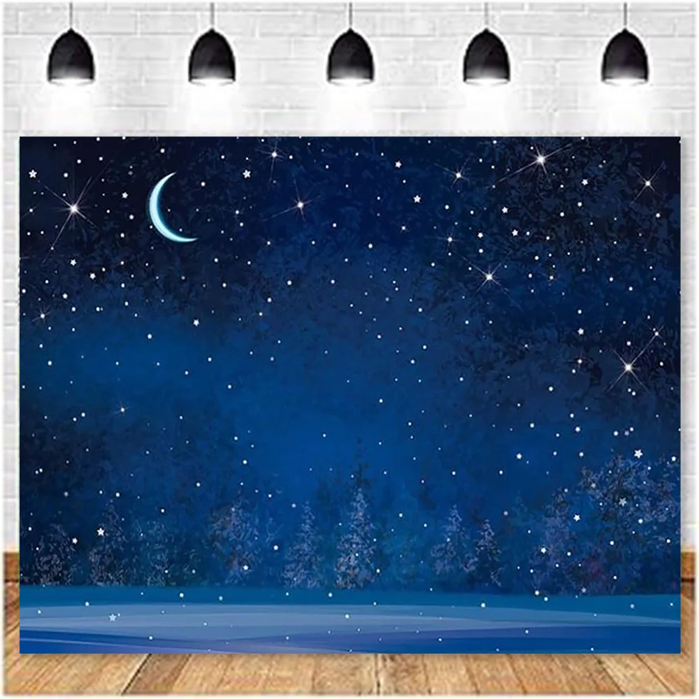 خلفية سماء ليلية شتوية مسطحة ثنائية الأبعاد - أزرق عميق مع رقاقات الثلج والقمر والنجوم - مناسبة لعيد الميلاد #3