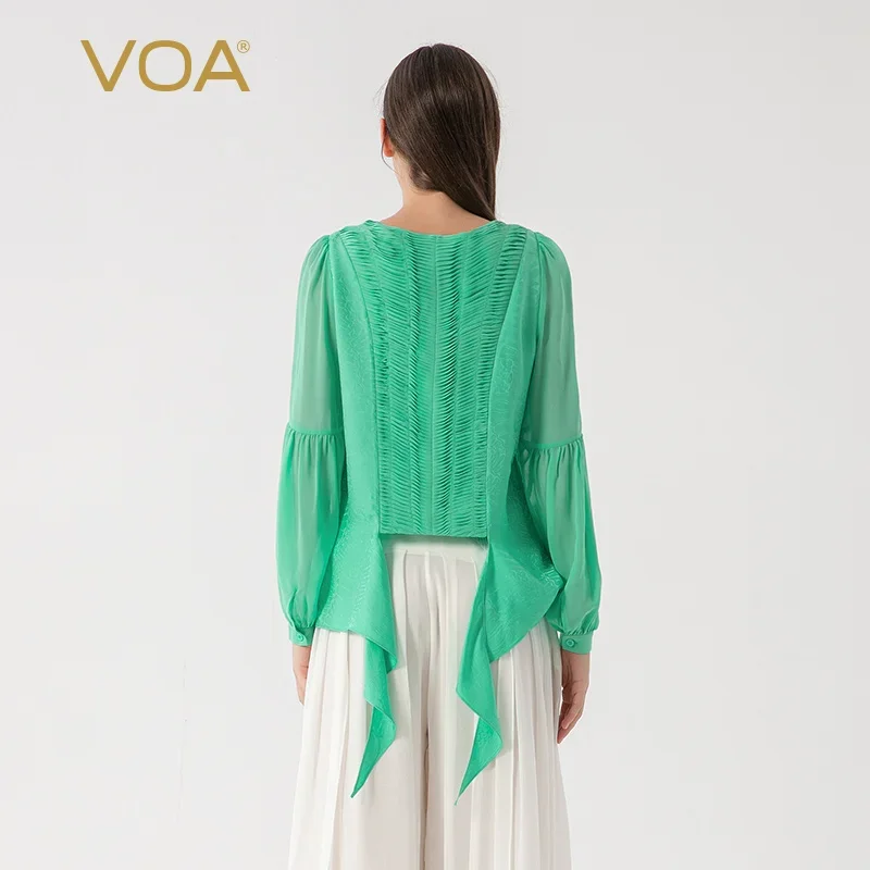 VOA Jacquard Silk Spring Green O-neck Lantern Long Sleeve T-Shirts Three Dimensional Swing Loose Leaf Silk Tops Women BE1562