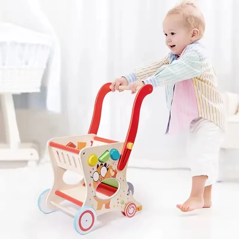 Wooden Pretend Play Educational Simulation Baby Walker Strollers Push And Pull Children Multi-Functional Toys Wood Shopping Cart