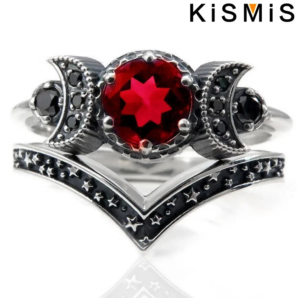 KISMIS 2Pcs/Set Triple Moon Goddess Rings for Women Fashion Jewelry Boho & Hippie & Gothic Anniversary Gift Size 5-11